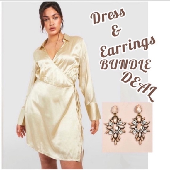 PLUS WRAP SILK DRESS & RHINESTONE EARRINGS SET - Picture 1 of 8